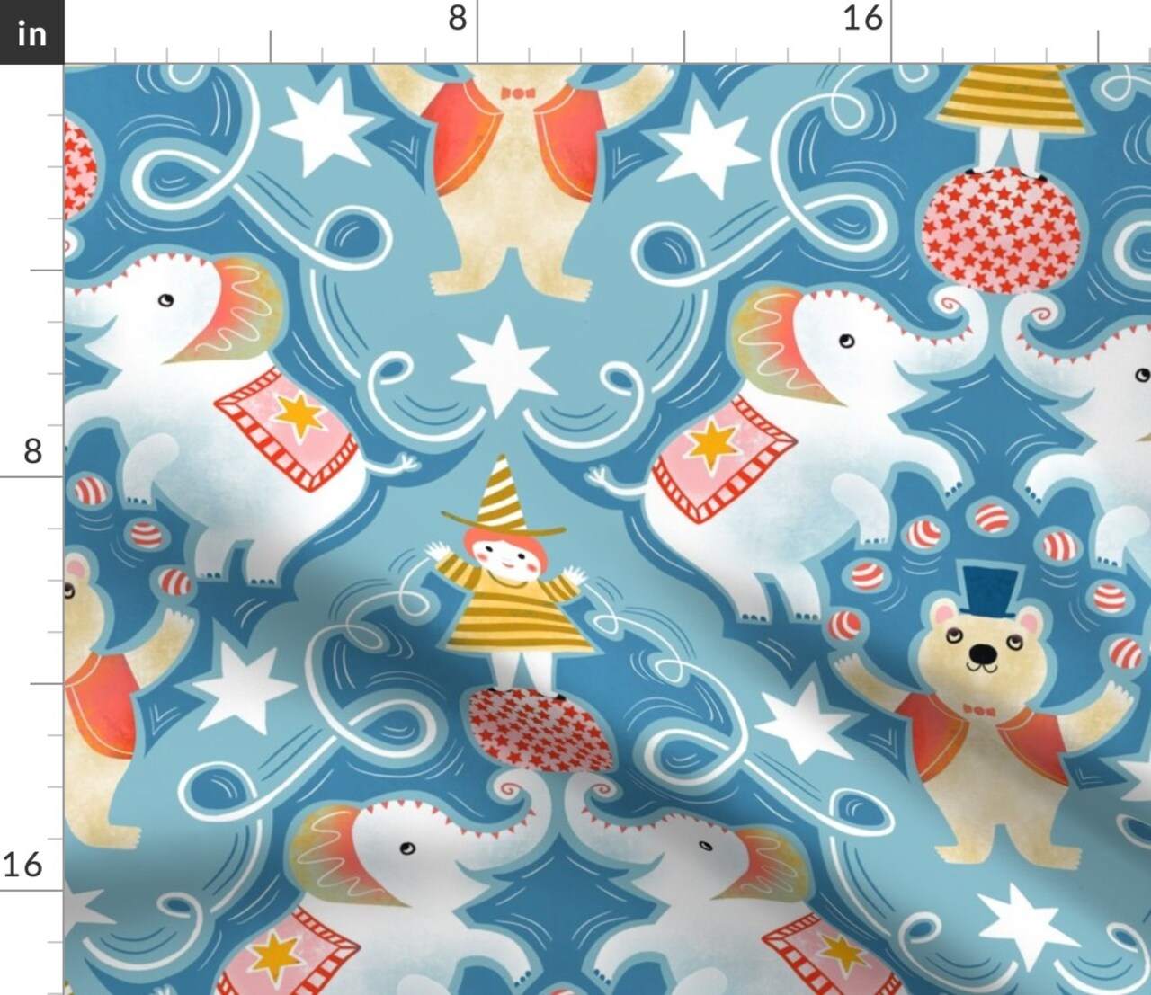 Whimsical Circus Animals Bear Elephant Nursery Kids Baby Playful Colorful Damask Juggling Stars Blue Dots Stripes Large Scale Custom Printed Fabric by Spoonflower Various Fabrics by the Yard or Fat Quarter